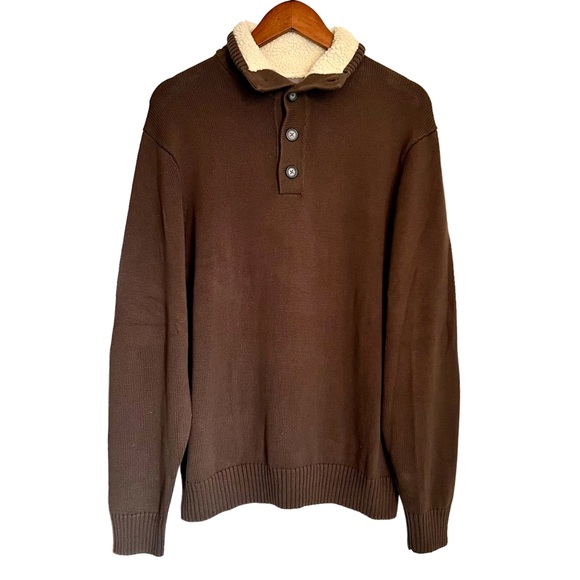 Old Navy Other - Old Navy Mens Sweater 100 Cotton Brown Button Mock Neck Sherpa Lined Collar XL